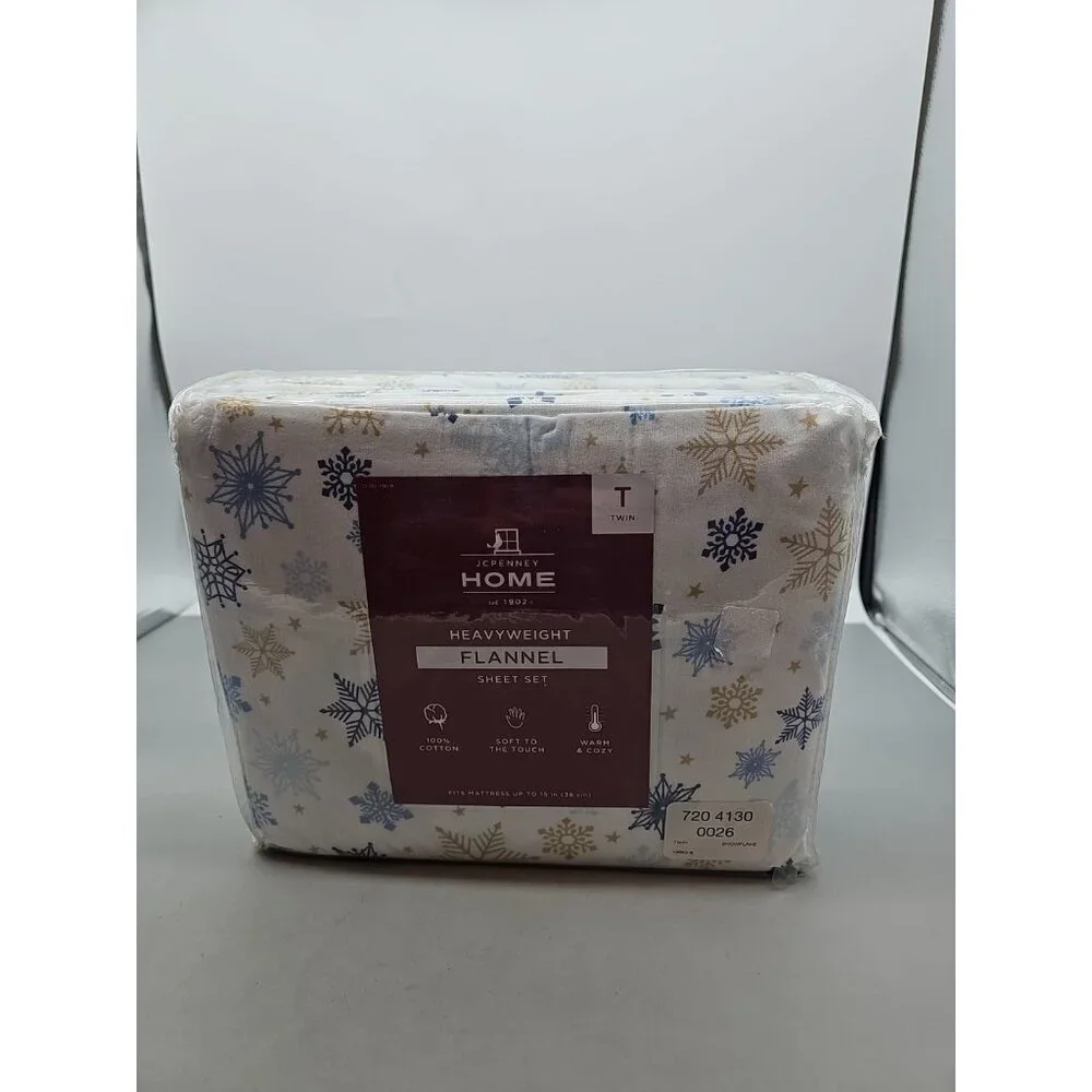 JC Penny Home Christmas  Heavyweight Flannel Sheet Set Snowflake Twin 3 Pc - New